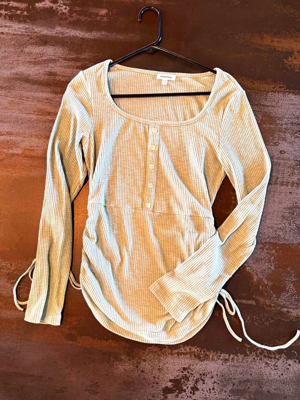 M Missoni Women’s S Beige Ribbed Knit Henley Top Button Drawstring Stretch
